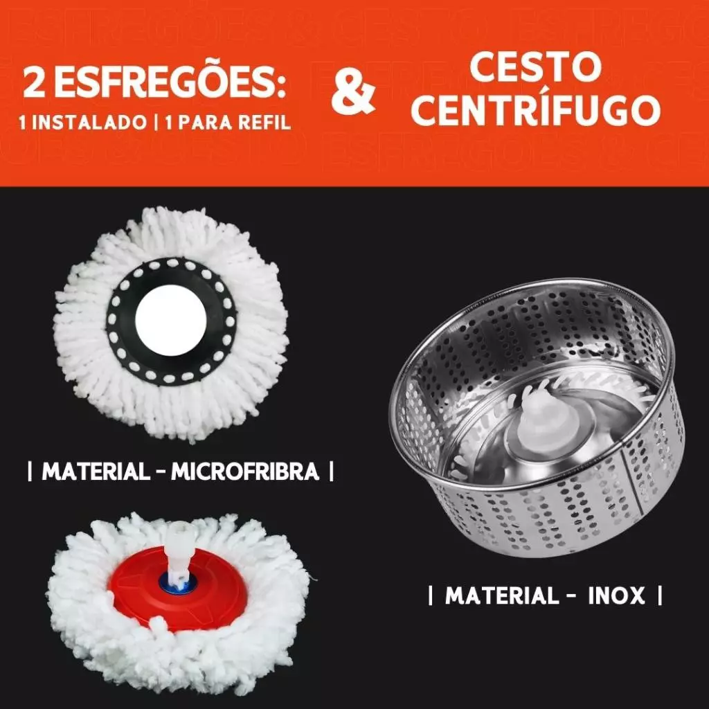 Mop Giratorio Com cabo de 140 cm Cesto Em Inox - Balde Centrífuga - (Vendido pela Shopee) - Imagem 2